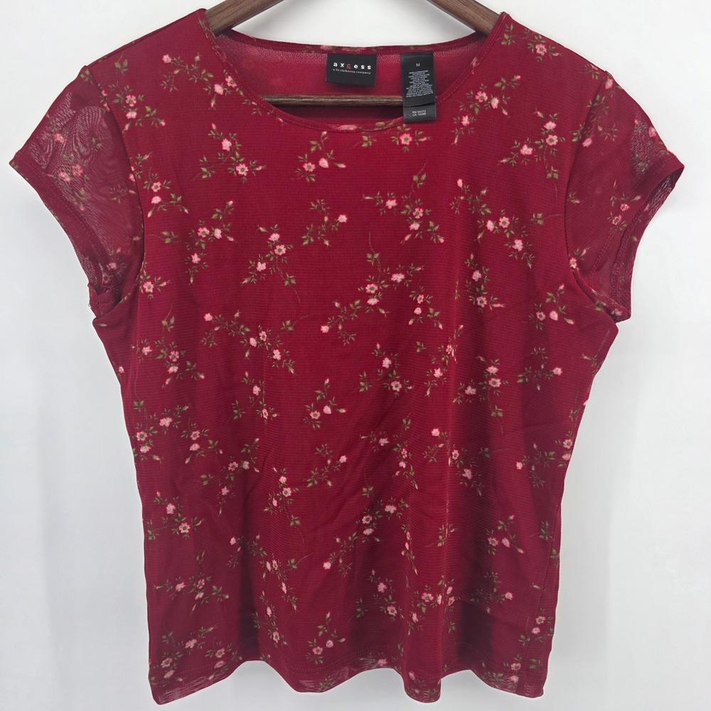 Axcess‎ Liz Claiborne Burgundy Floral Mesh Top Women Medium Y2K Sheer Cap Sleeve